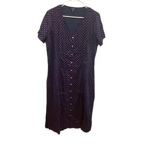 J. Peterman Womens Button Front Midi Dress Size 14 Navy Blue Polka Dot Classic